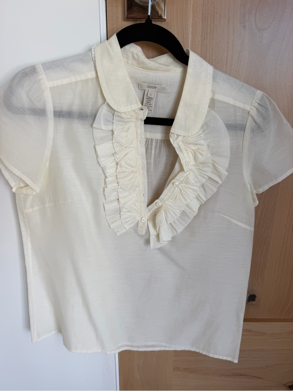 J. Crew Cream Ruffled Collar Short Sleeve Blouse
